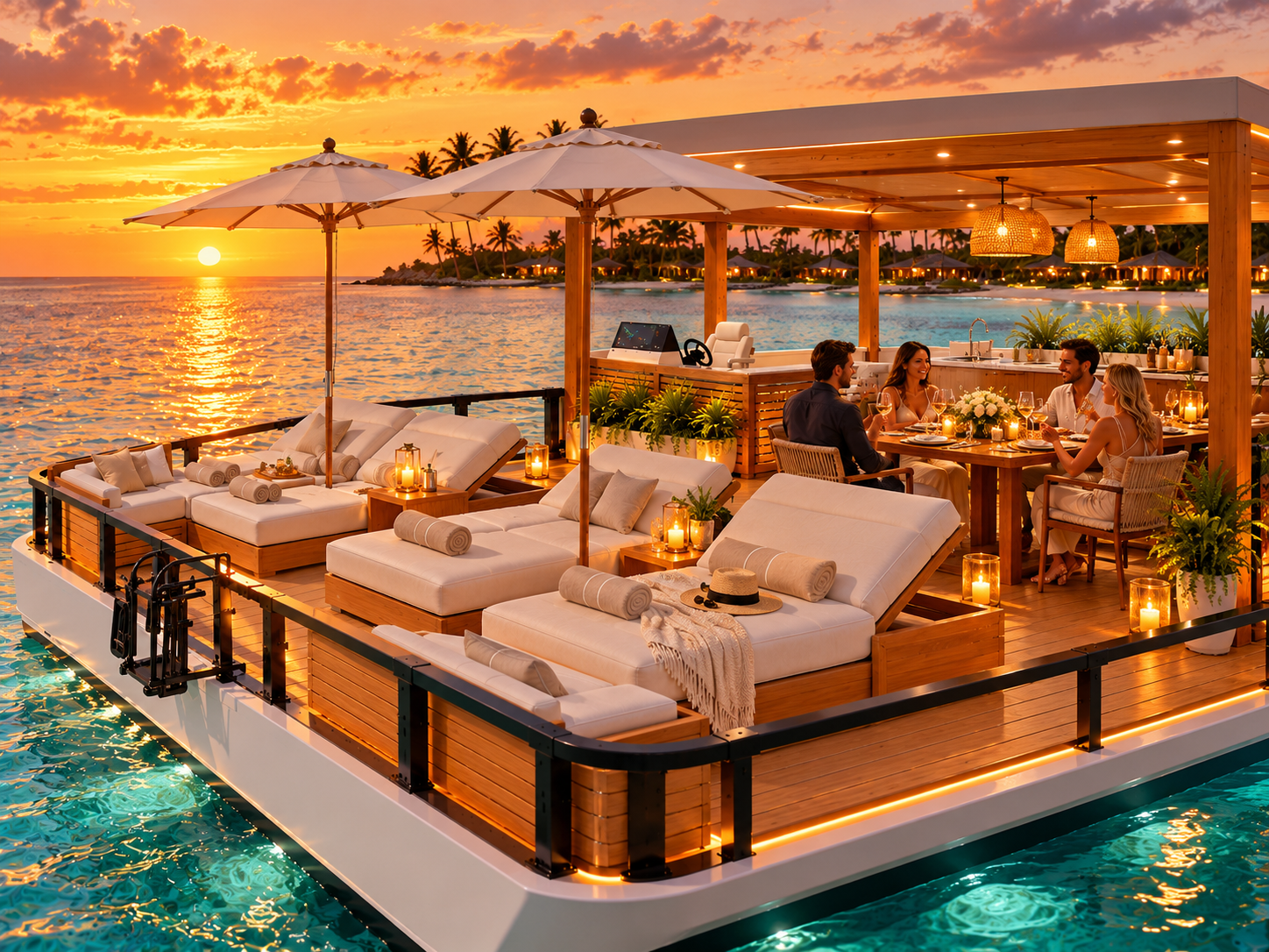 Pura Vida floating lounge at sunset in Turks and Caicos, concept rendering