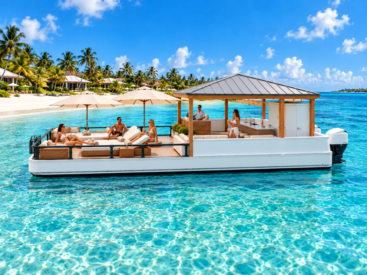 Concept rendering of Pura Vida with its gazebo-style canopy and lounge deck near the shore
