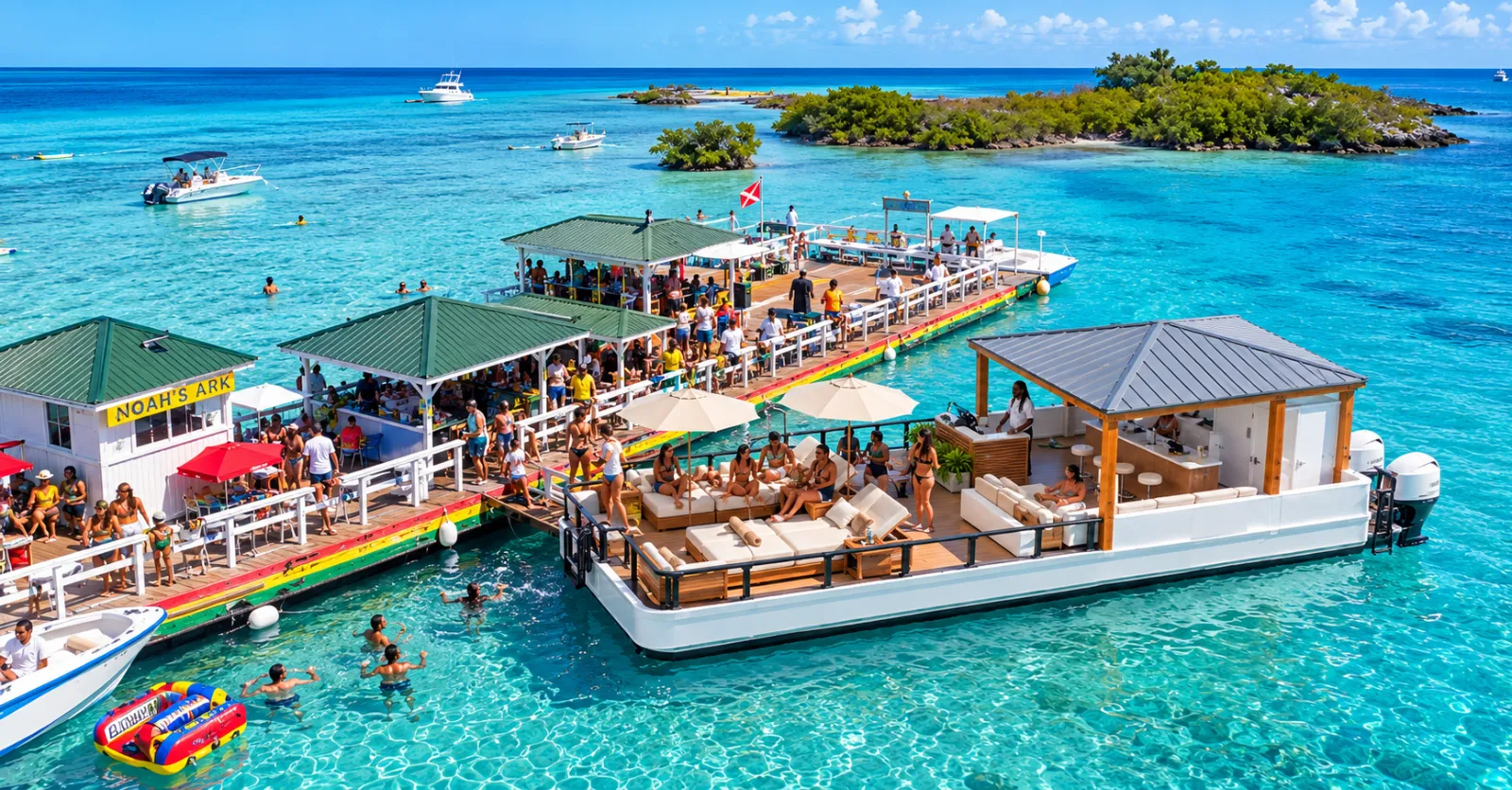Pura Vida moored at a turquoise floating party dock, concept rendering